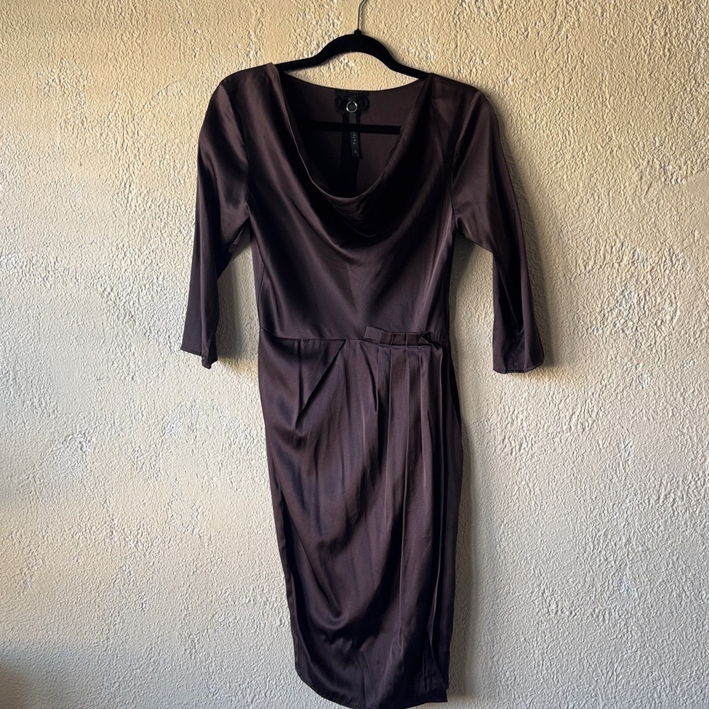 Poleci Elegant Silk Cowl Neck Dress in Deep Brown